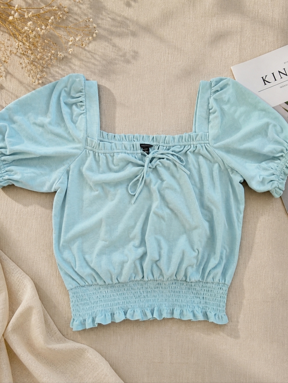 #445 Ann Taylor Sky Blue/Green Puff Sleeve Blouse